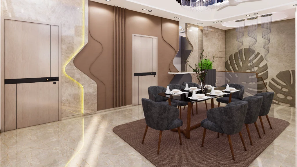Contemporary dining area interior with premium finishes, decorative wall design and ambient lighting, planned by interior architects near me and interior design firms near me for residential homes.