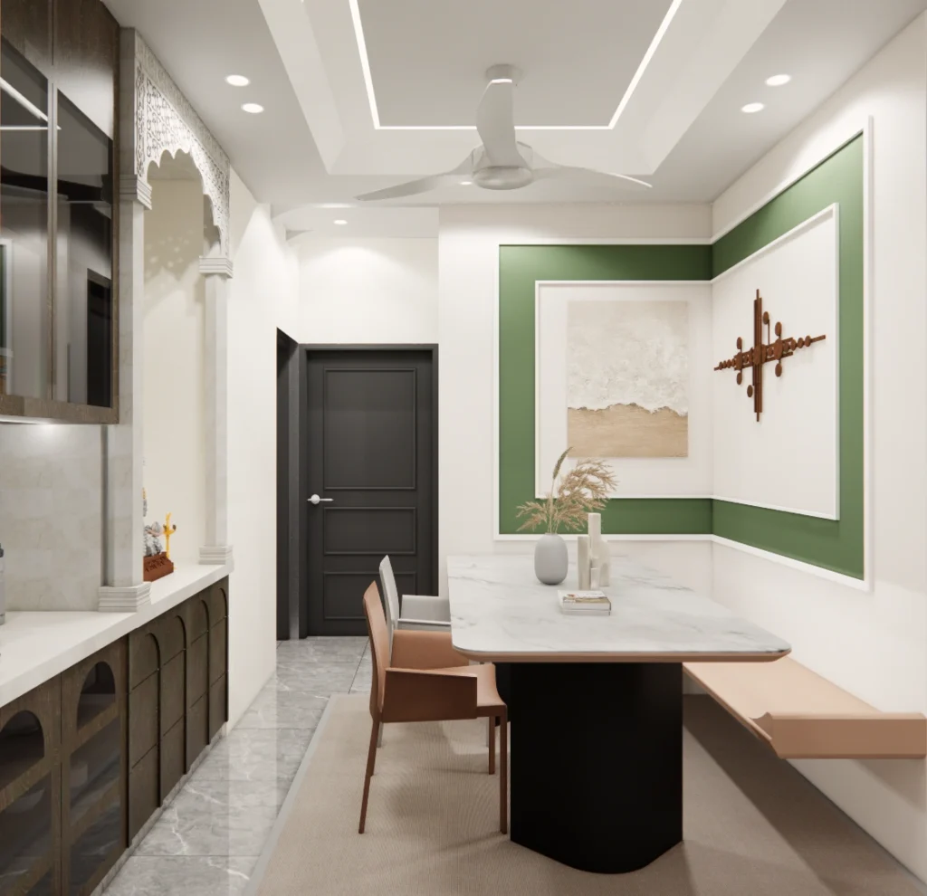 Minimal dining room interior with green panel feature wall and marble dining table crafted by residential architects for modern homes