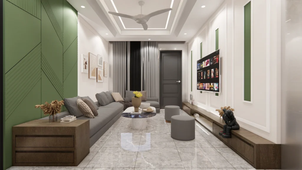Modern living room with green accent wall, long sofa and wall mounted TV designed for contemporary residential home interiors