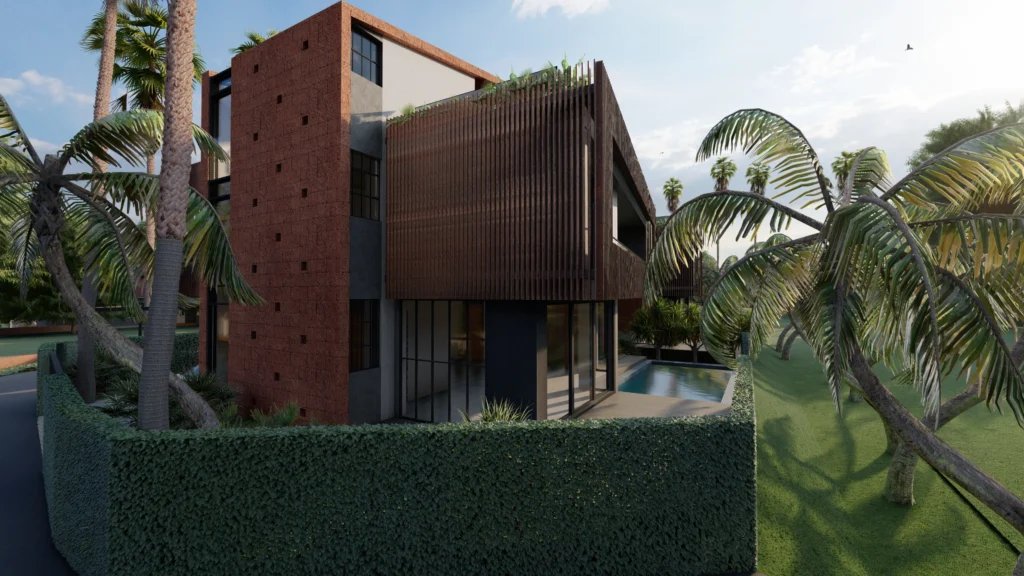 Luxury residential villa with exposed brick texture, wooden louvers and private pool, showcasing modern residential architects delivering architectural design services and home architect near me solutions.