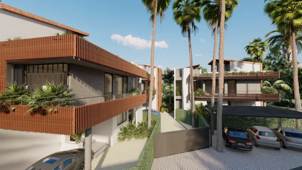 Modern residential apartment architecture with landscaped driveways, palm trees and sustainable planning, designed by residential architects in Delhi and architecture firms in Delhi NCR.