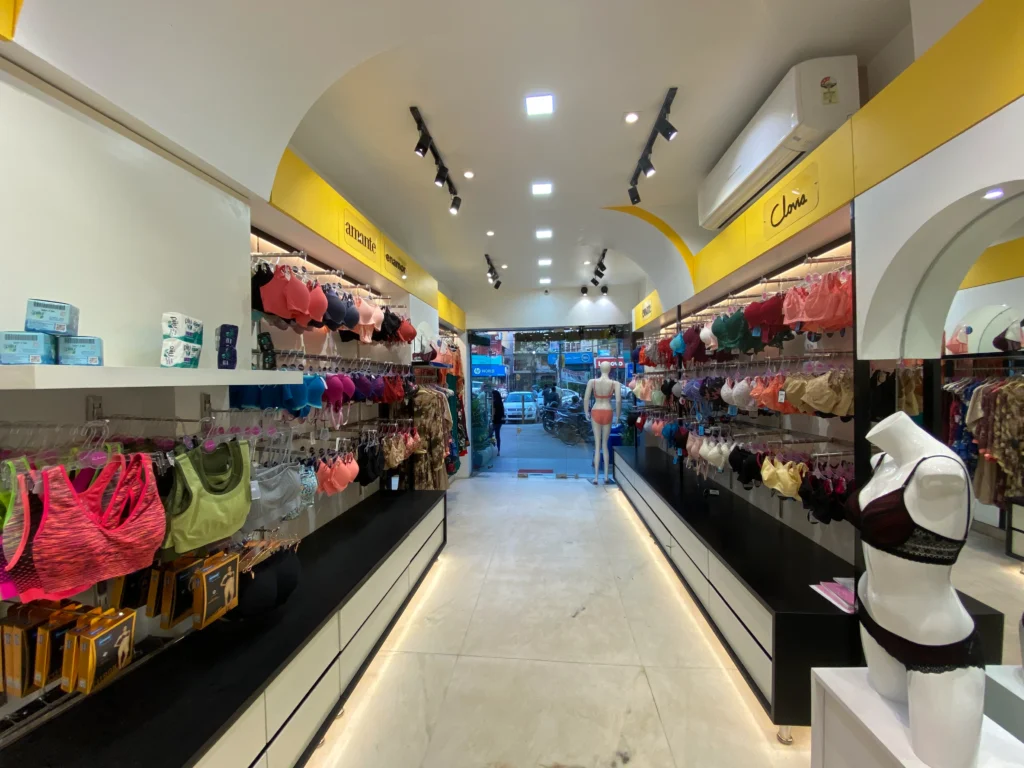 modern retail interior design with lighting and shelving