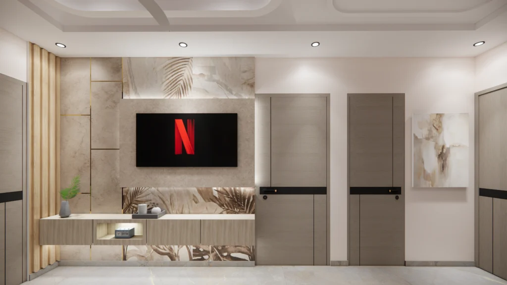 Modern living room TV unit design by Amartya Architects featuring marble textured wall panels, wooden cabinetry, soft ambient lighting and minimalist decor.