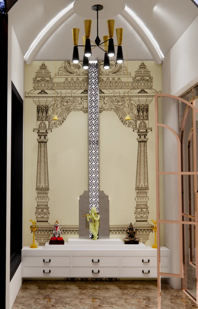 Modern home mandir interior design by Amartya Architects, residential architects near me specializing in architecture and interior design.