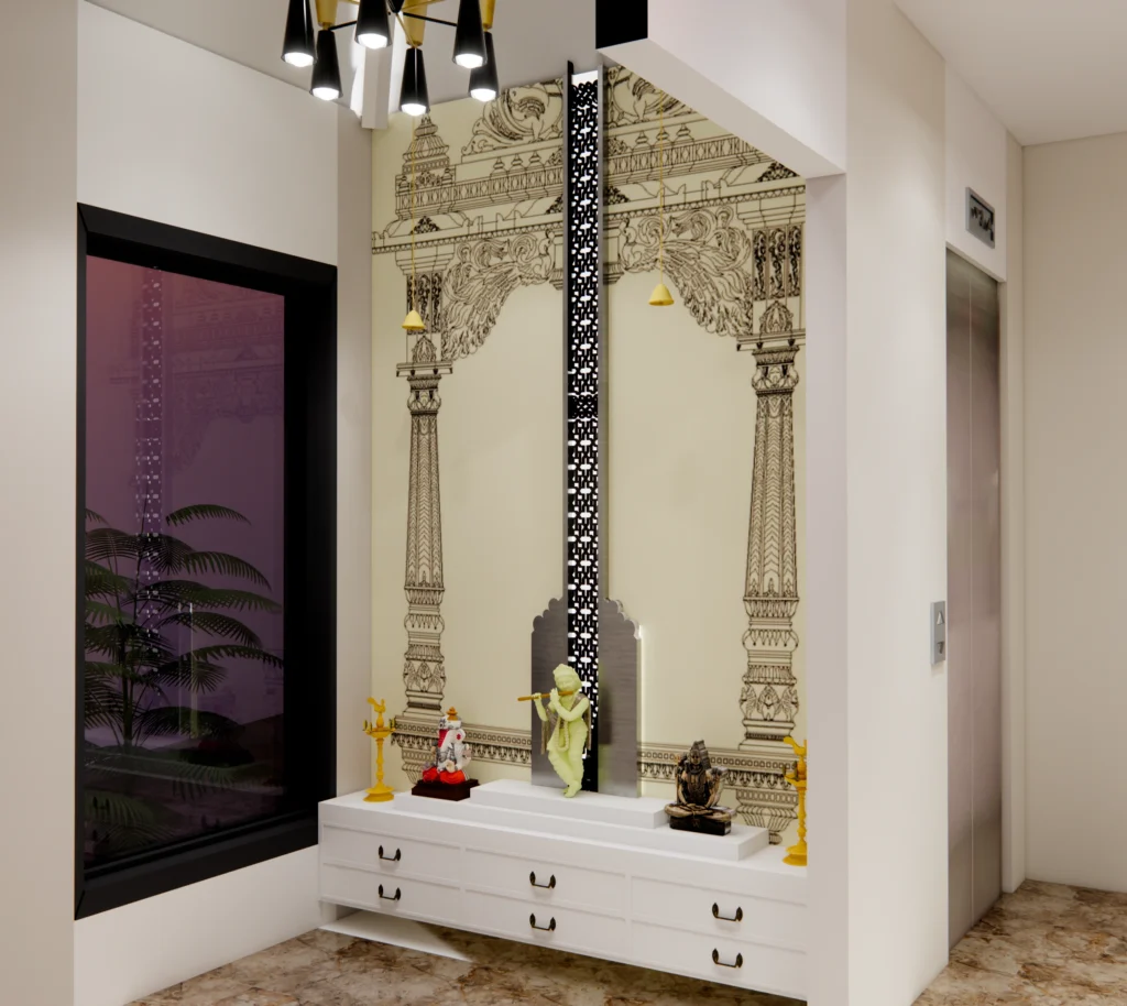 Custom pooja room interior by Amartya Architects, residential architects near me for home architecture design.