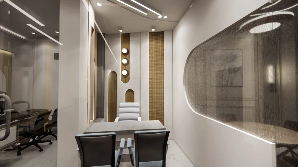 Luxury medical director room interior with contemporary furniture, curved wall design and warm lighting by Amartya Architects for clinics.