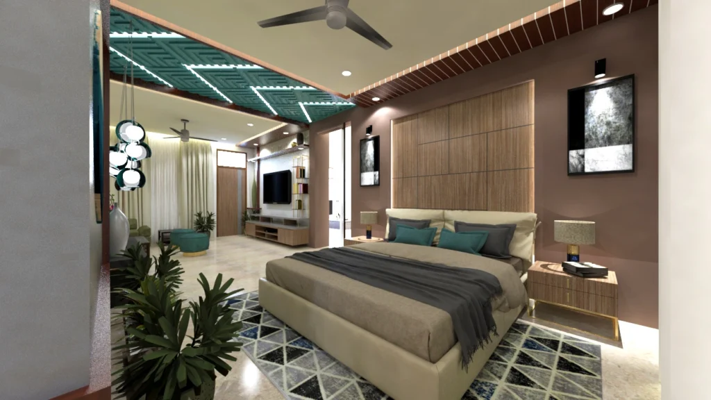 Modern master bedroom interior by residential interior designers near me in delhi