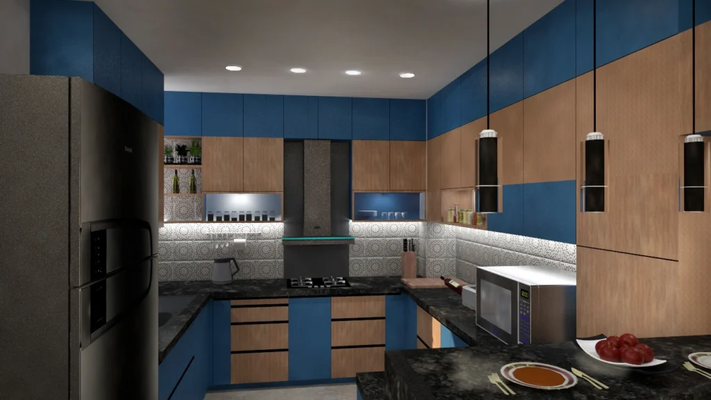 Modular kitchen interior design by home interior designer in Delhi, modern kitchen layout with smart storage and contemporary finishes