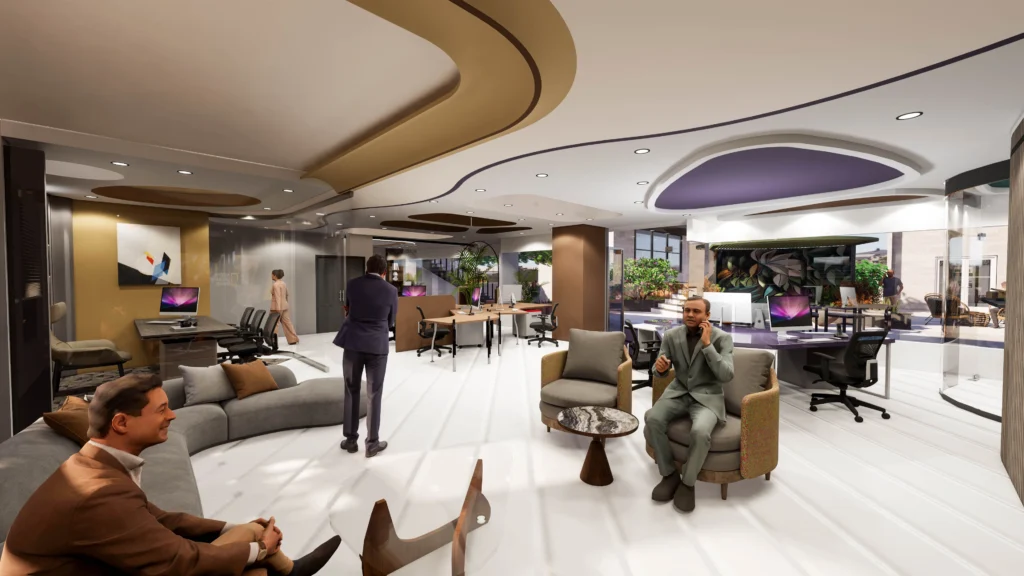 Premium office interior design by Amartya Architects with executive lounge seating, collaborative workstations, artistic ceiling patterns and modern professional ambiance.