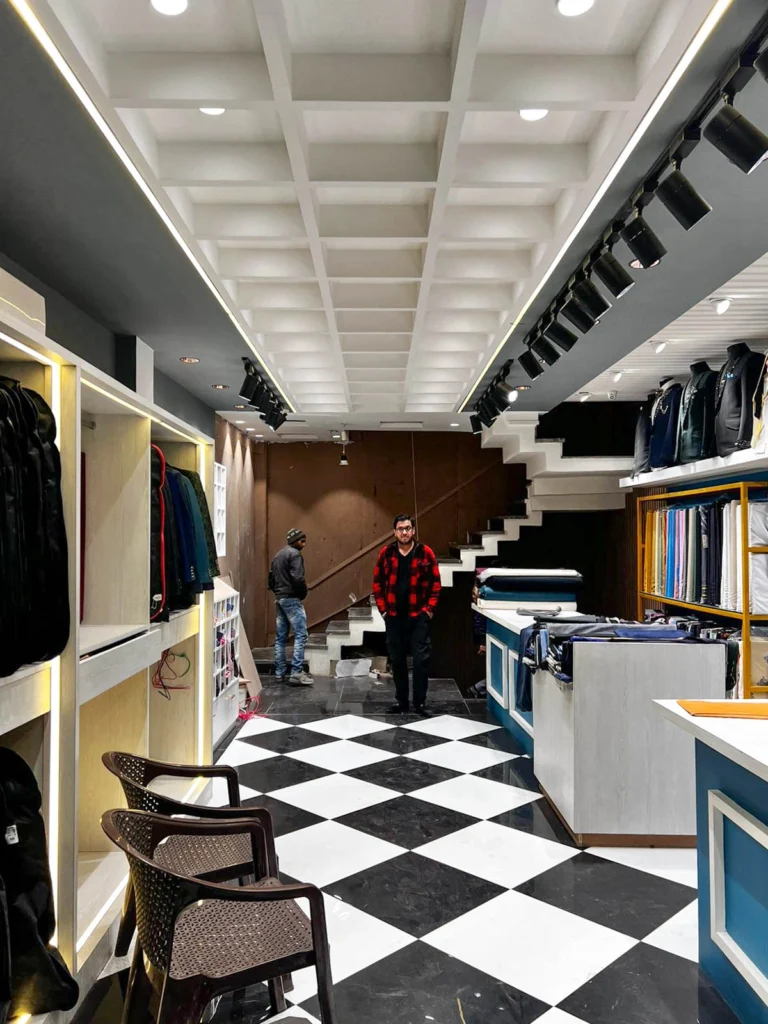 High-end retail interior design with traditional arches, spotlight lighting and custom display units