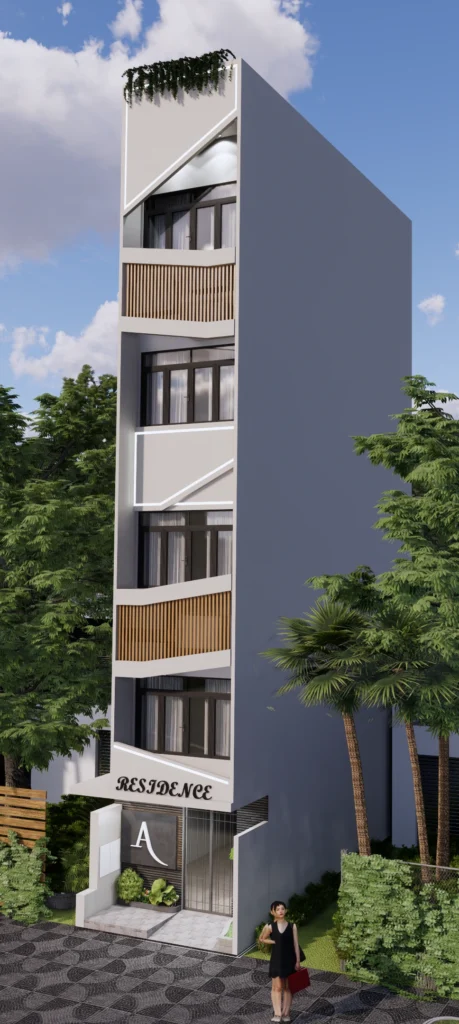 Modern narrow plot residential building design in Rohini Sector 8 by Amartya Architects featuring clean facade, balconies, vertical elements and greenery.