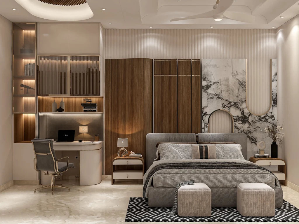 Modern bedroom with integrated study desk designed by Amartya Architects, showcasing residential home architecture and interior design services near me
