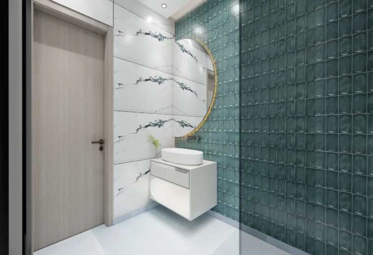 Modern bathroom interior design by residential architects in Delhi featuring marble wall tiles, floating vanity unit and designer mirror