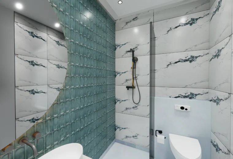 Contemporary bathroom design by residential architects in Delhi with textured wall tiles, modern shower area and wall mounted WC