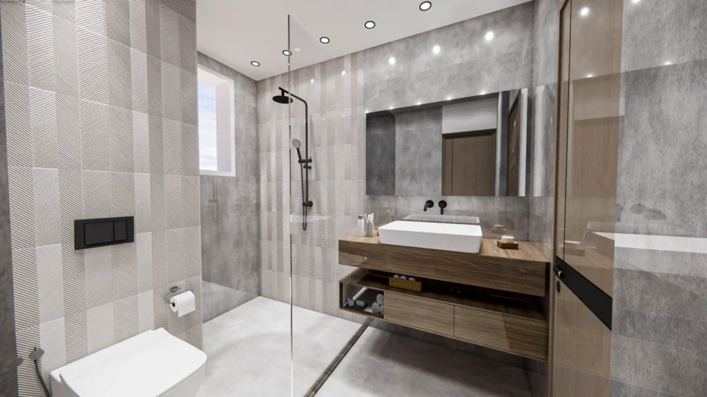 Modern bathroom interior design with walk-in shower and vanity unit in residential apartment