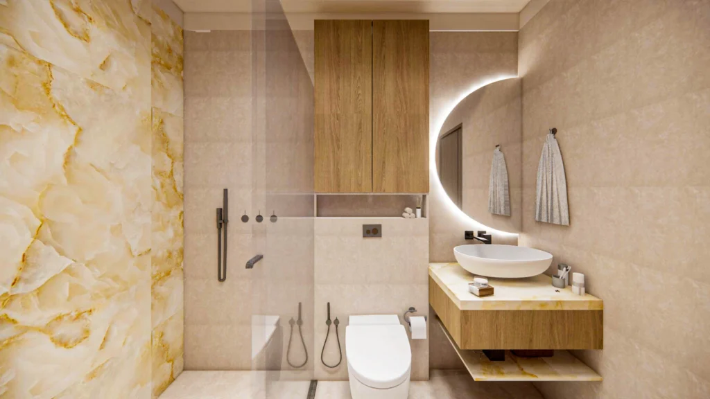 Contemporary toilet interior design with wall-mounted vanity and ambient lighting for home