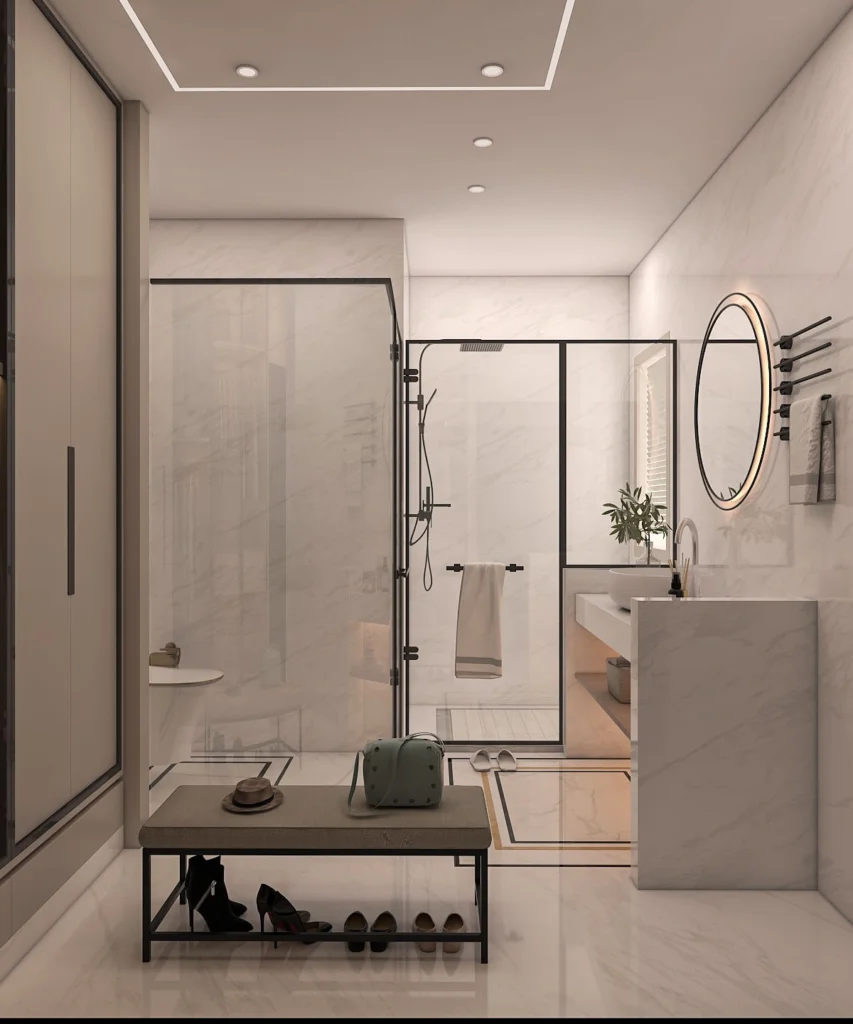 Modern bathroom and wardrobe design with glass shower enclosure, marble finishes, floating vanity and minimalist luxury interior styling