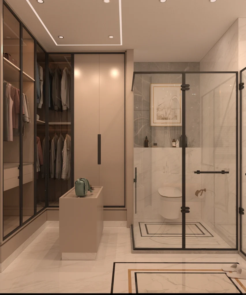 Walk-in wardrobe with glass shutters and attached modern bathroom featuring marble finishes and shower enclosure by Amartya Architects | bedroom wardrobe and bathroom design