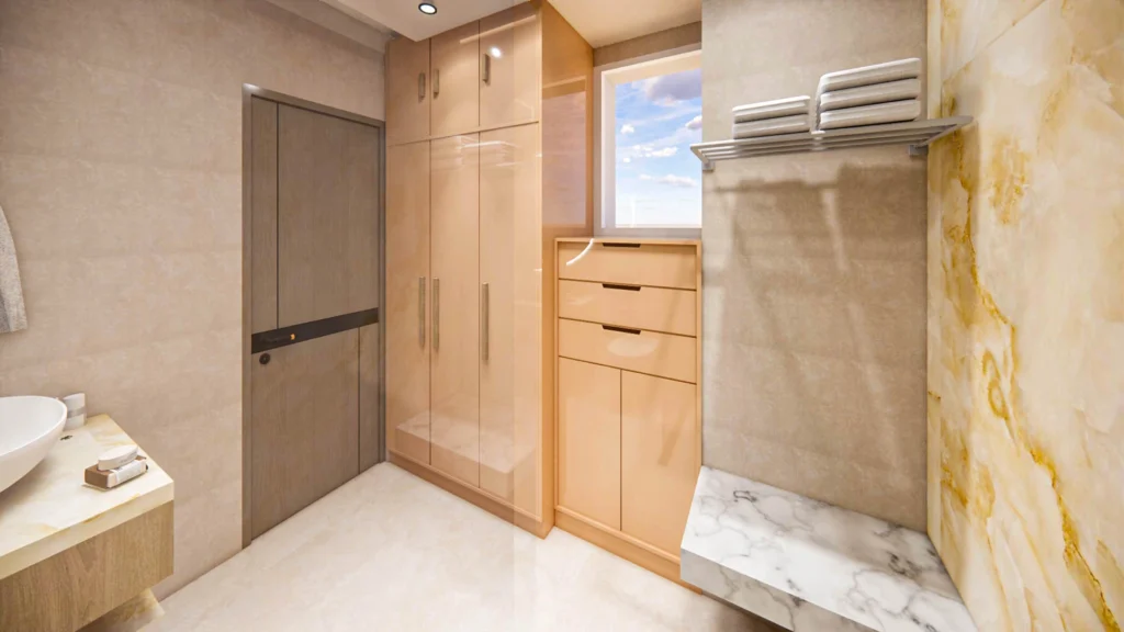 Minimal bathroom interior design with storage cabinets and marble finish in apartment