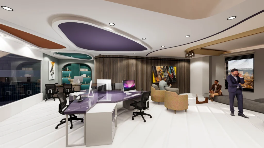 Modern open office workstation design by Amartya Architects featuring curved work desks, ergonomic chairs, glass partitions, soft lighting and collaborative seating areas.