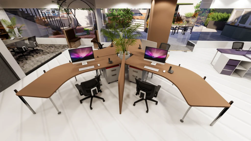Dual curved workstation design by Amartya Architects showcasing symmetrical work desks, central green planter, ergonomic chairs and a bright modern office environment.