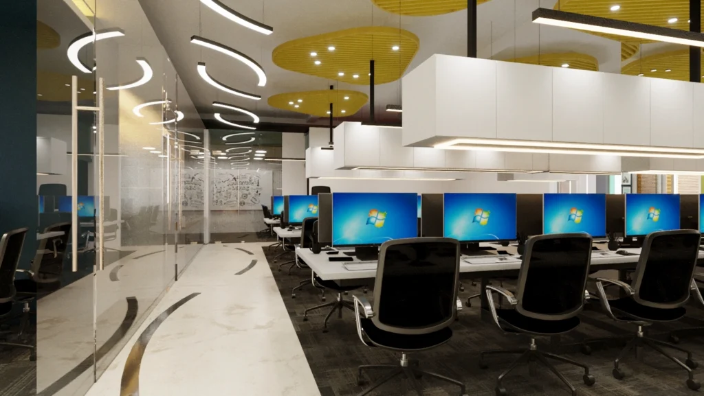 Open office workstation area with modular desks, ergonomic chairs, designer ceiling lights, and glass partitions by Amartya Architects for modern workplaces