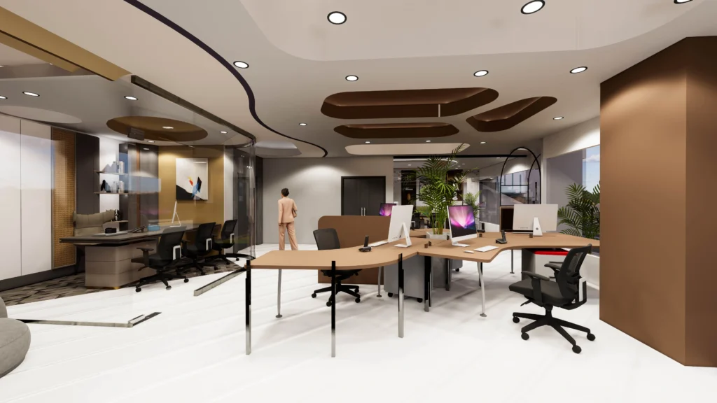 Open plan office workstation interior by Amartya Architects with modular desks, private glass cabins, designer ceiling elements and efficient collaborative workspace planning.