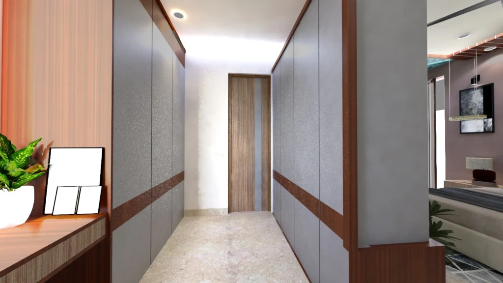 Walk-in wardrobe interior design for luxury home by residential interior designers in Delhi, modern wardrobe design with storage planning