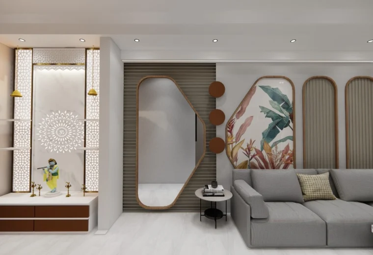 Modern living room interior design by residential architects in Delhi featuring designer TV unit, contemporary wall panels and elegant seating area