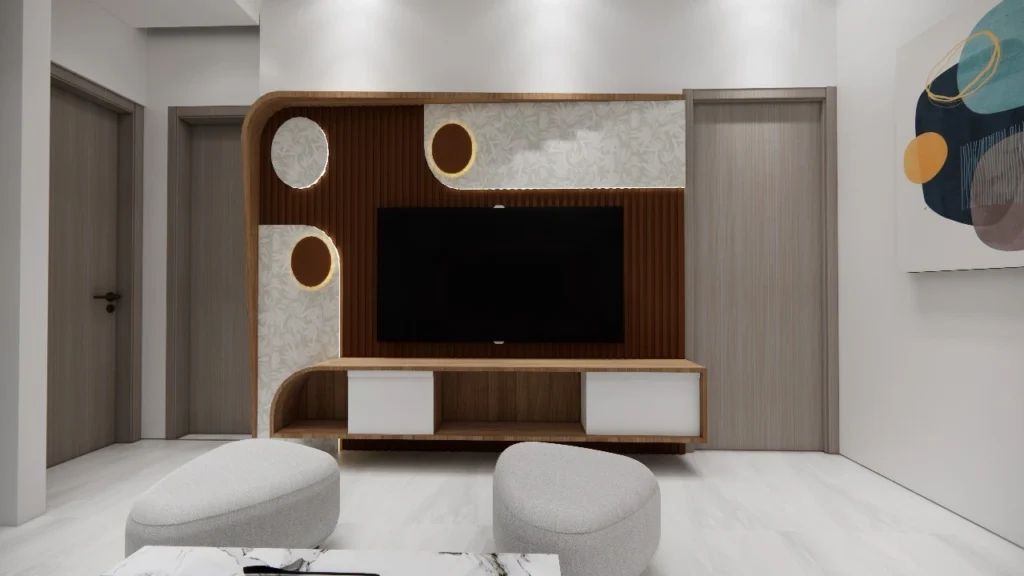 Modern TV unit design by residential architects in Delhi showcasing contemporary wall paneling and custom furniture