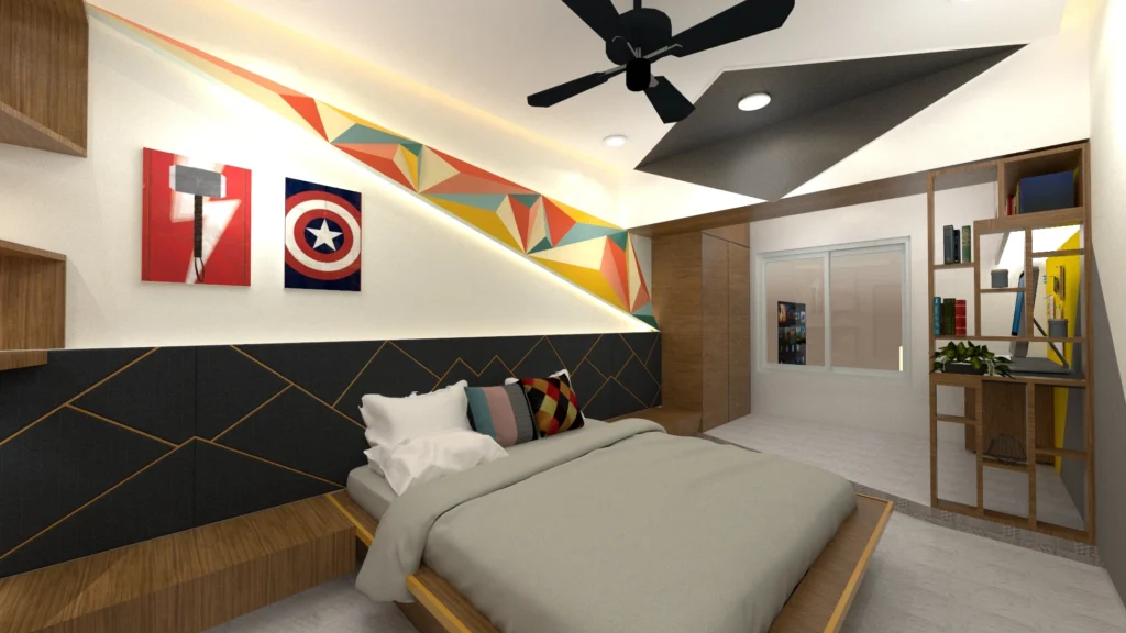 Contemporary kids bedroom interior with geometric wall art, wooden furniture and ceiling design by Amartya Architects creating a playful modern living space