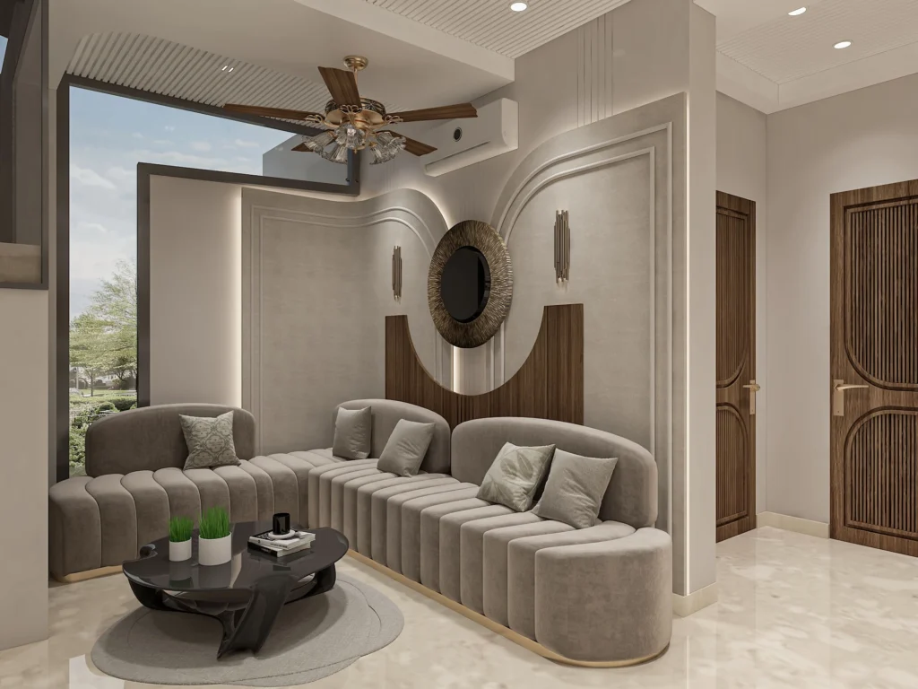 Modern luxury living room interior with curved sofa seating designed by residential architects near me offering home architecture design