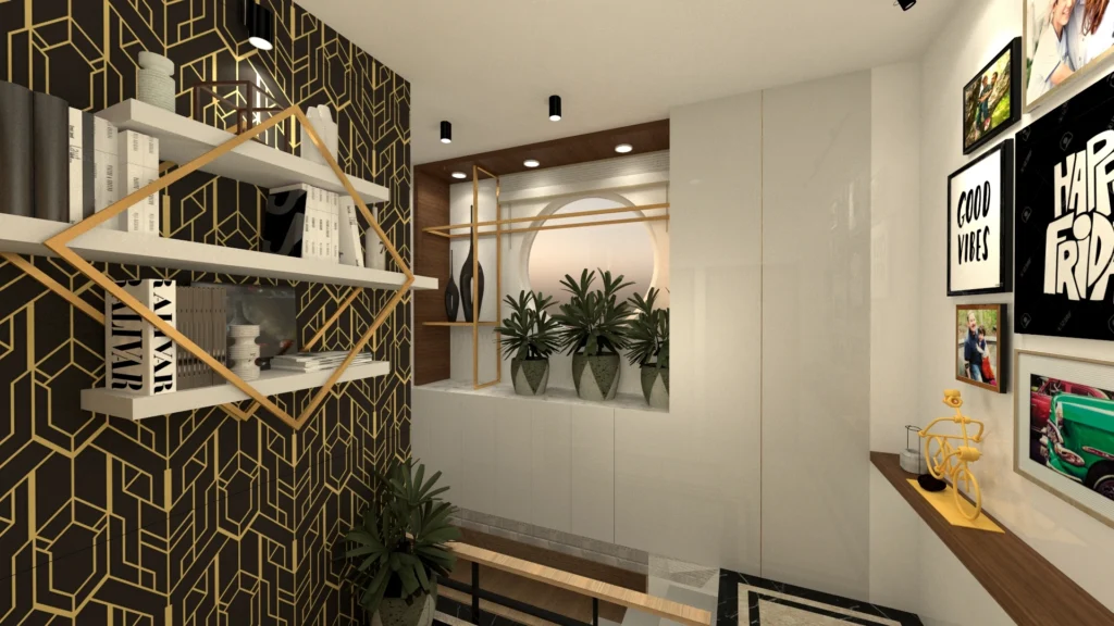 Stylish staircase landing with decorative shelving, indoor plants and geometric wallpaper designed by Amartya Architects for modern apartment interiors