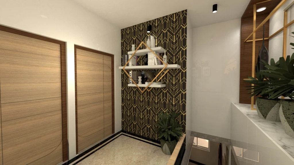 Modern passage and stair area with wooden doors, accent wall and designer shelves by Amartya Architects showcasing premium interior detailing