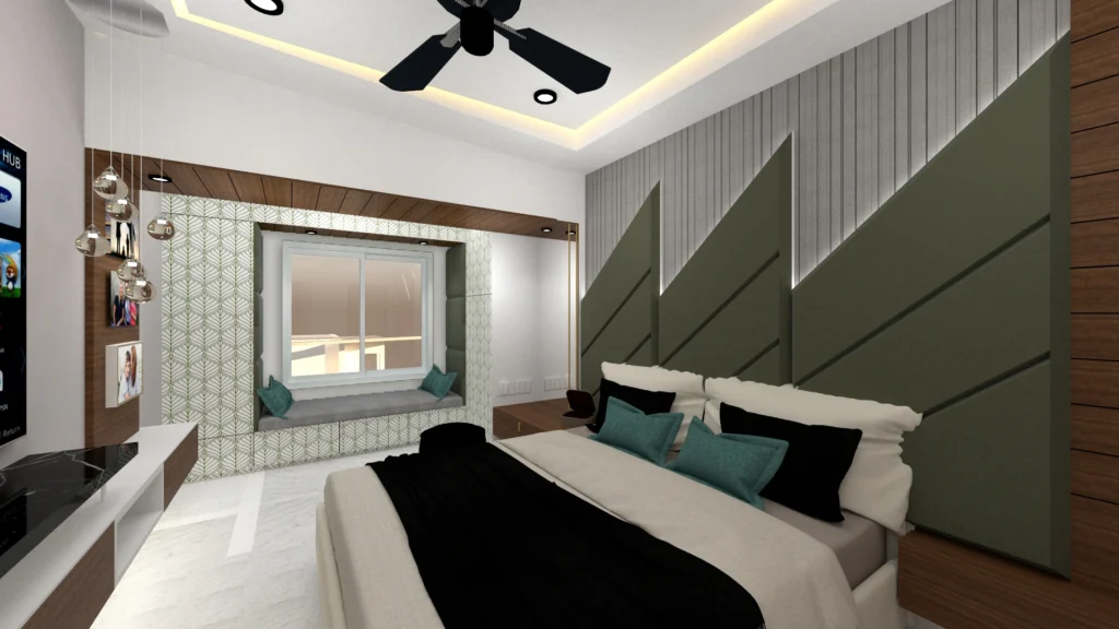 Modern master bedroom interior with green upholstered headboard, layered false ceiling, window seating and ambient lighting, designed by Amartya Architects | luxury bedroom interior design