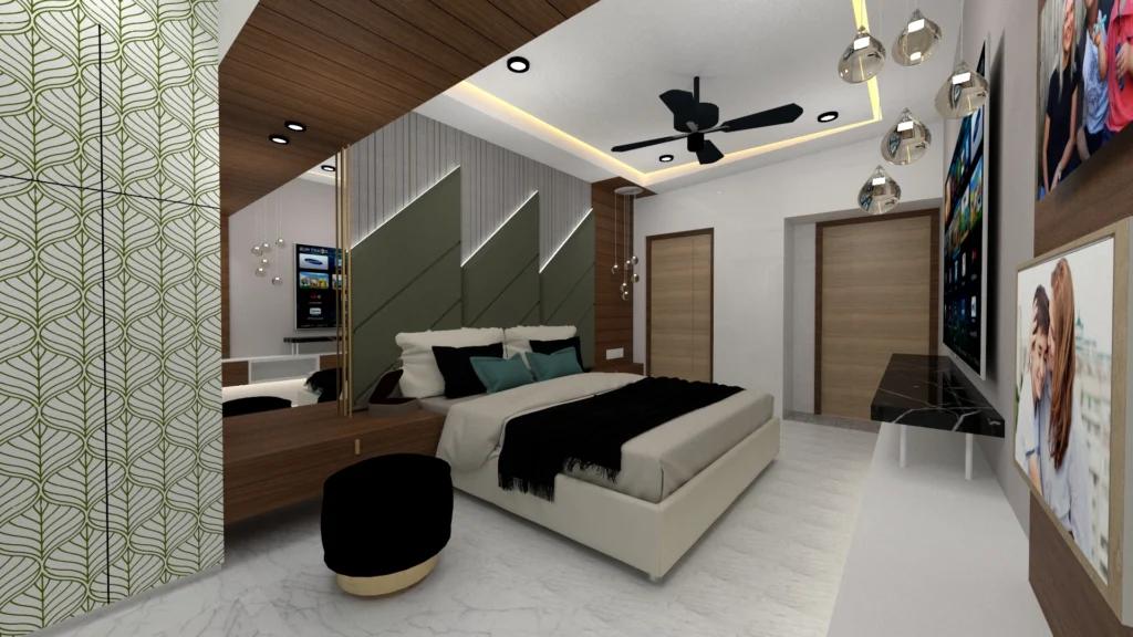 Contemporary bedroom interior with wooden ceiling, geometric wall panels, pendant lights and wall-mounted TV unit, designed by Amartya Architects | modern home interior design