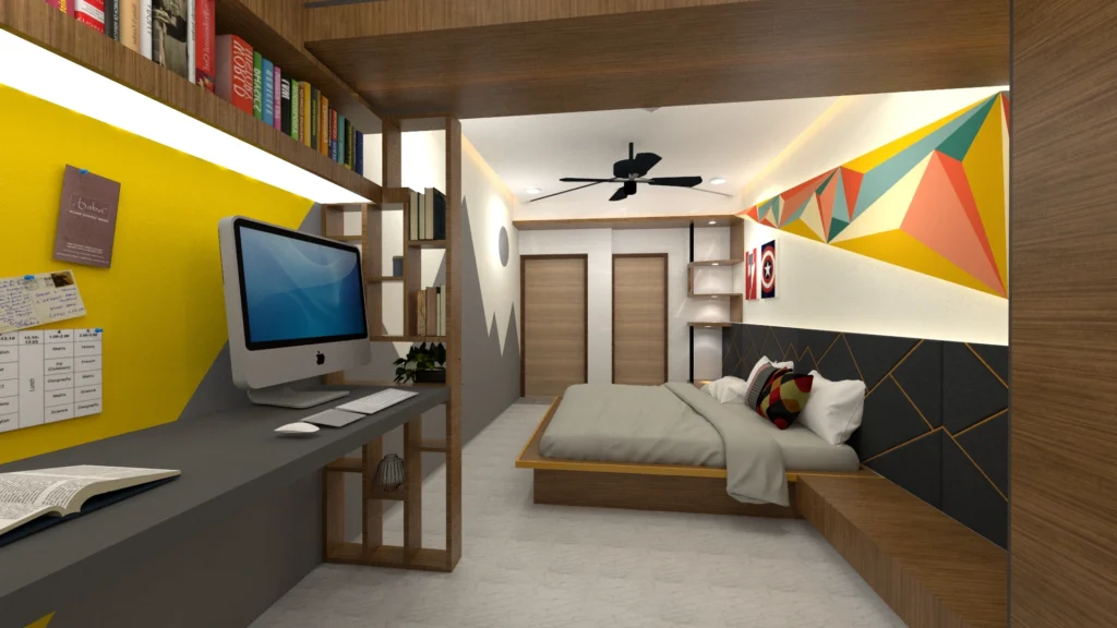 Modern bedroom with study area, wall-mounted desk, open bookshelf, geometric accent wall and low-height bed, designed by Amartya Architects | kids bedroom interior design