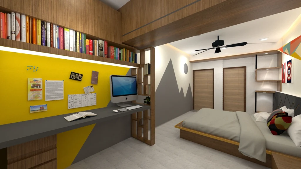 Stylish bedroom with integrated study table, wooden storage, vibrant accent wall and minimalist furniture, designed by Amartya Architects | contemporary bedroom interior
