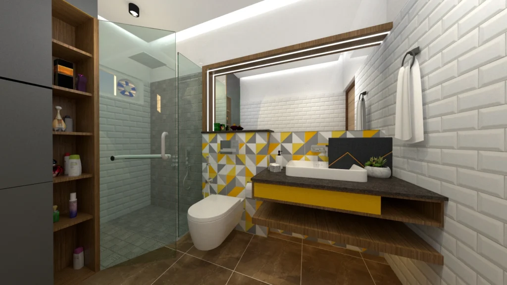 Contemporary bathroom interior with glass shower enclosure, floating vanity, geometric tiles and modern lighting by Amartya Architects