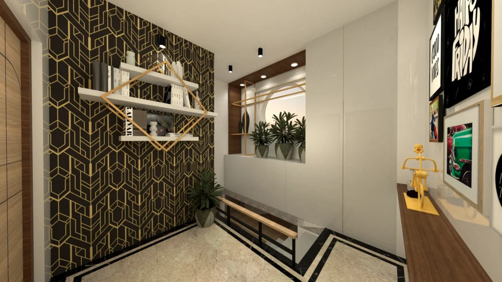 Stylish staircase lobby with geometric wallpaper, designer wall shelves, indoor plants and warm ambient lighting by Amartya Architects