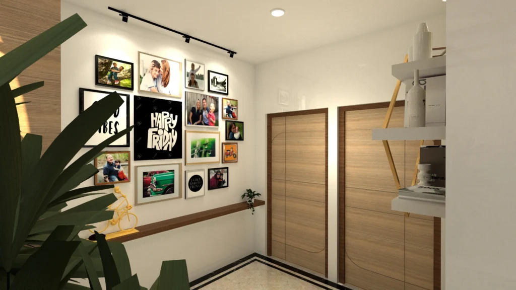 Personal gallery wall design with family photo frames, wooden doors and modern corridor lighting by Amartya Architects