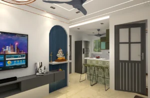 Modern drawing room and kitchen interior design by Amartya Architects, an architecture firm near me in Sonipat