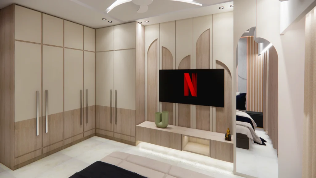 Master bedroom wardrobe and TV unit interior design at F-5 Sai Apartment residence