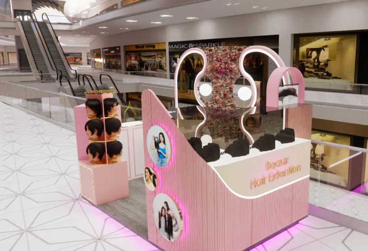 Modern mall kiosk design for a beauty and hair extension brand, showcasing commercial interior planning by Amartya Architects offering commercial architects near me and architectural design services near me
