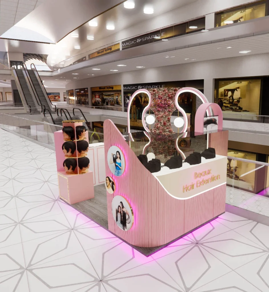 Modern mall kiosk design for a beauty and hair extension brand, showcasing commercial interior planning by Amartya Architects offering commercial architects near me and architectural design services near me