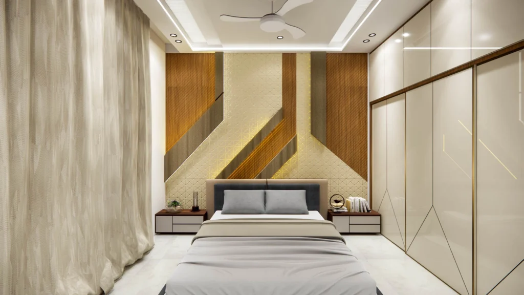 Contemporary master bedroom interior design with textured wall at F-5 Sai Apartment