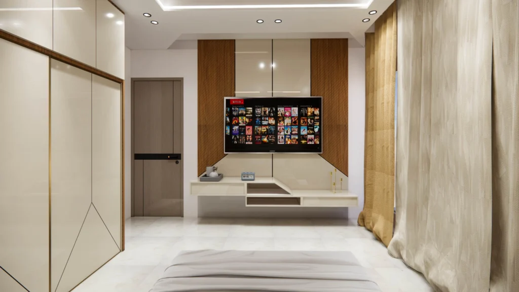 Luxury bedroom TV wall unit design in F-5 Sai Apartment residential interior