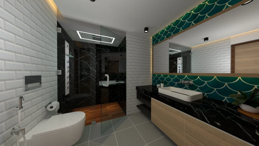 Luxury bathroom design featuring black marble shower area, patterned wall tiles, floating vanity and designer mirror by Amartya Architects