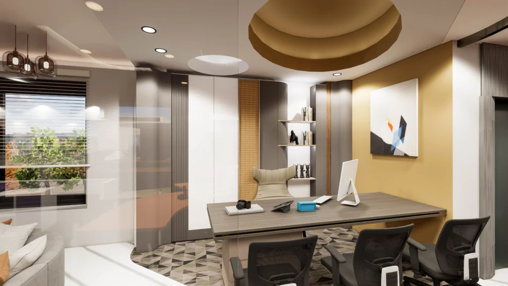 Executive office cabin interior with modern desk layout, textured wall panels and ceiling design by Amartya Architects delivering functional corporate interiors.