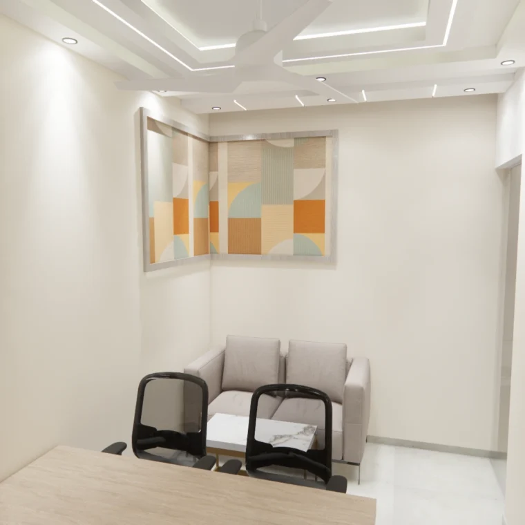 Modern private office cabin interior with minimal seating, geometric wall decor and false ceiling lighting designed by Amartya Architects, showcasing architect consultation space by commercial architects near me.